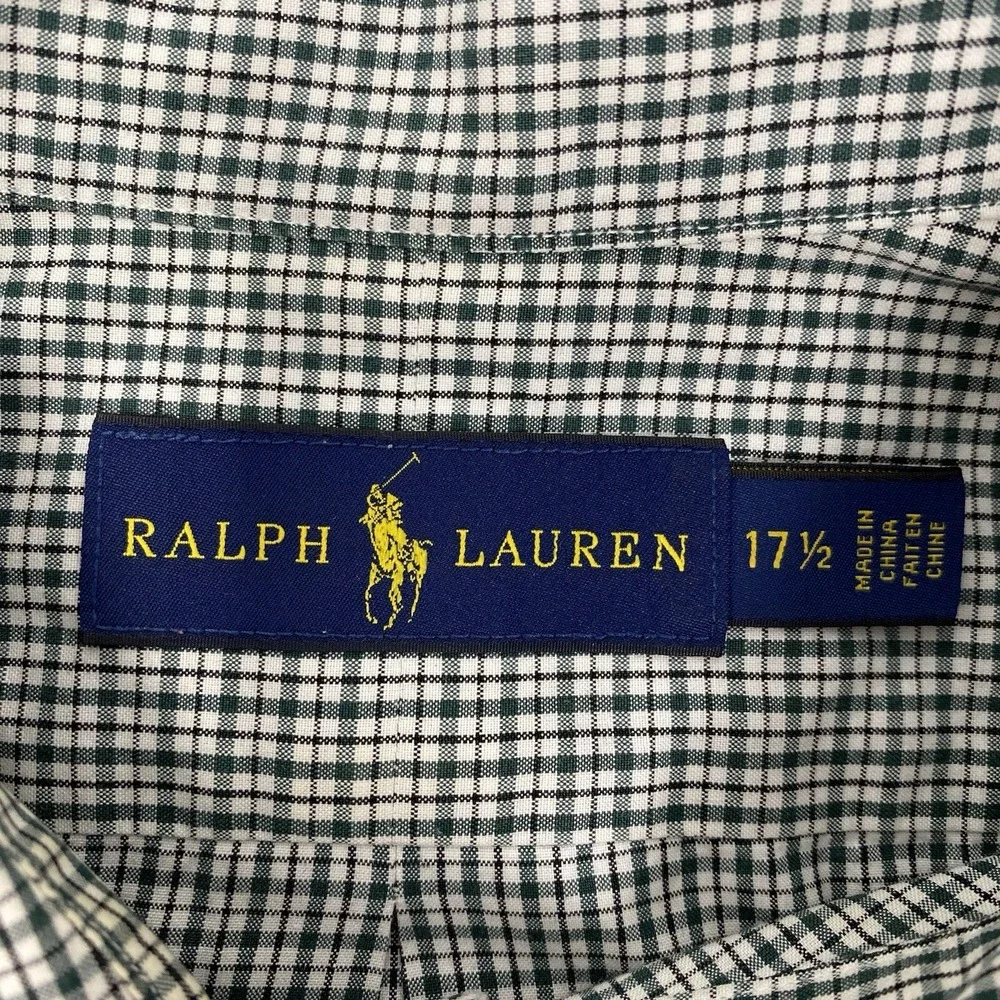 Ralph Lauren Button Down Shirt Mens 17.5 Blue White Check Cotton Long Sleeve‎